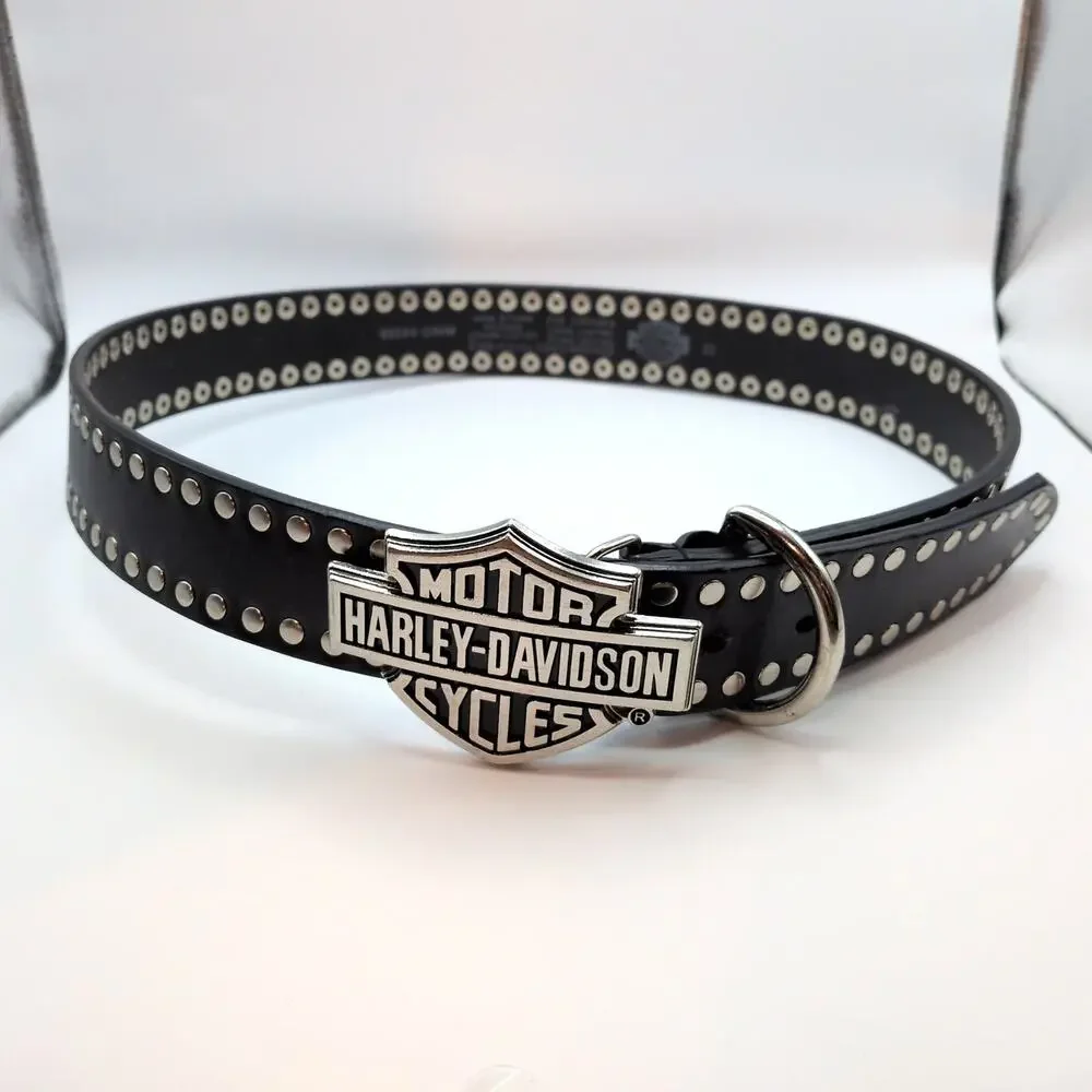 VTG Y2K Harley Davidson Moto Studded Black Leather Belt w/ Buckle 32in-36in